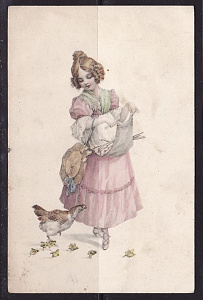 Живопись Девушка и цыплята открытка прошедшая почту
